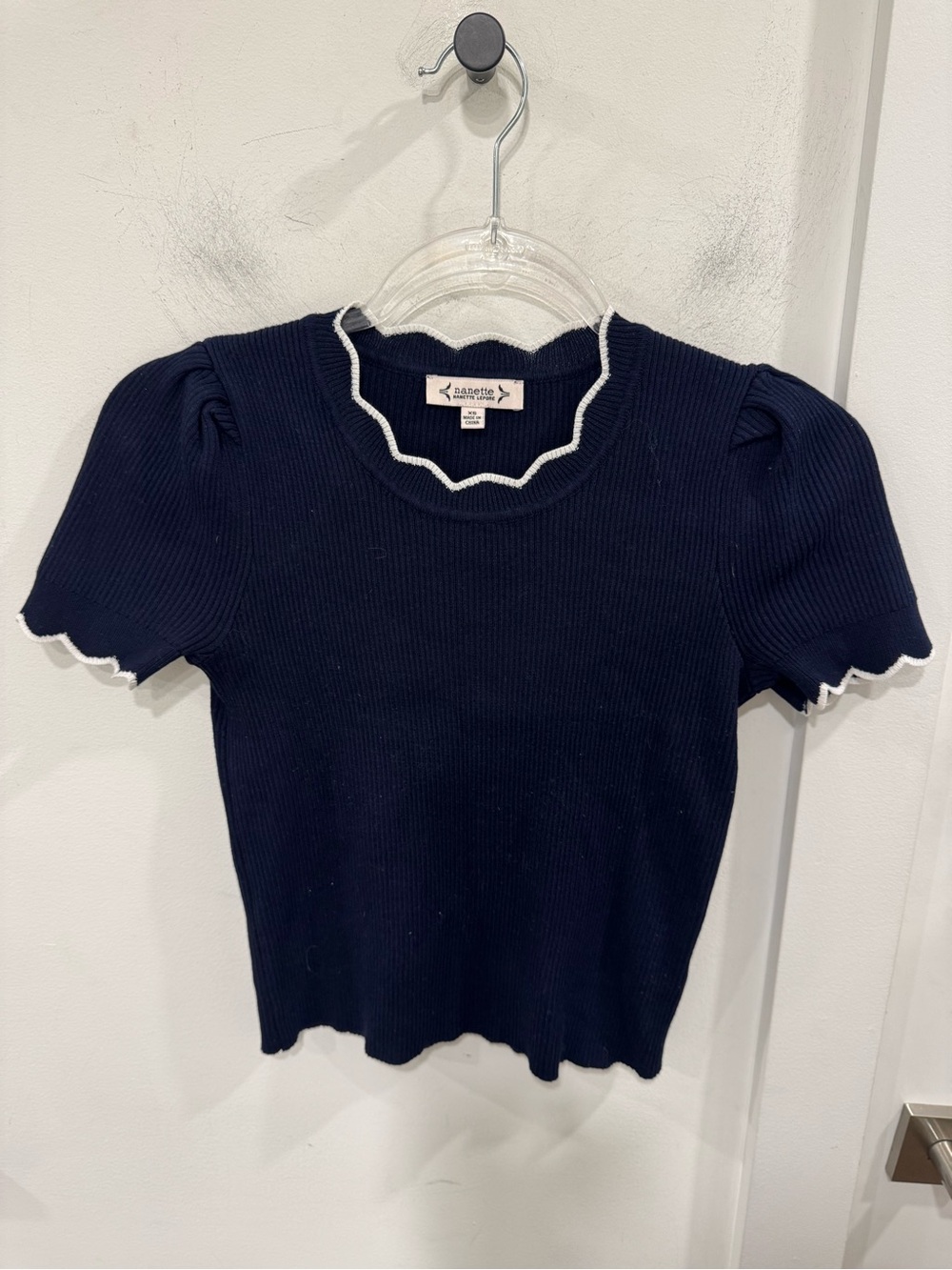 Nanette Lepore Navy Ribbed Knit Set with White Scalloped Trim